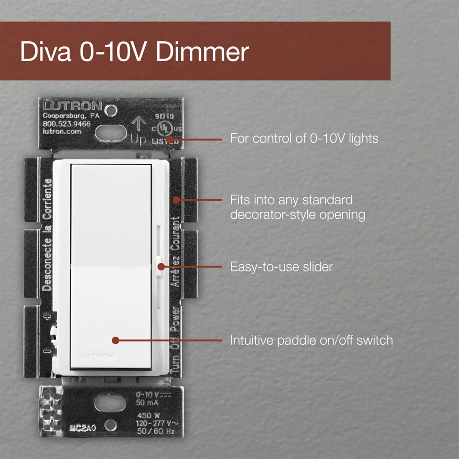 Diva 0-10V LED/Fluorescent Dimmer Switch, 120V-277V, 8 Amp, Single-Pole/3-Way, White