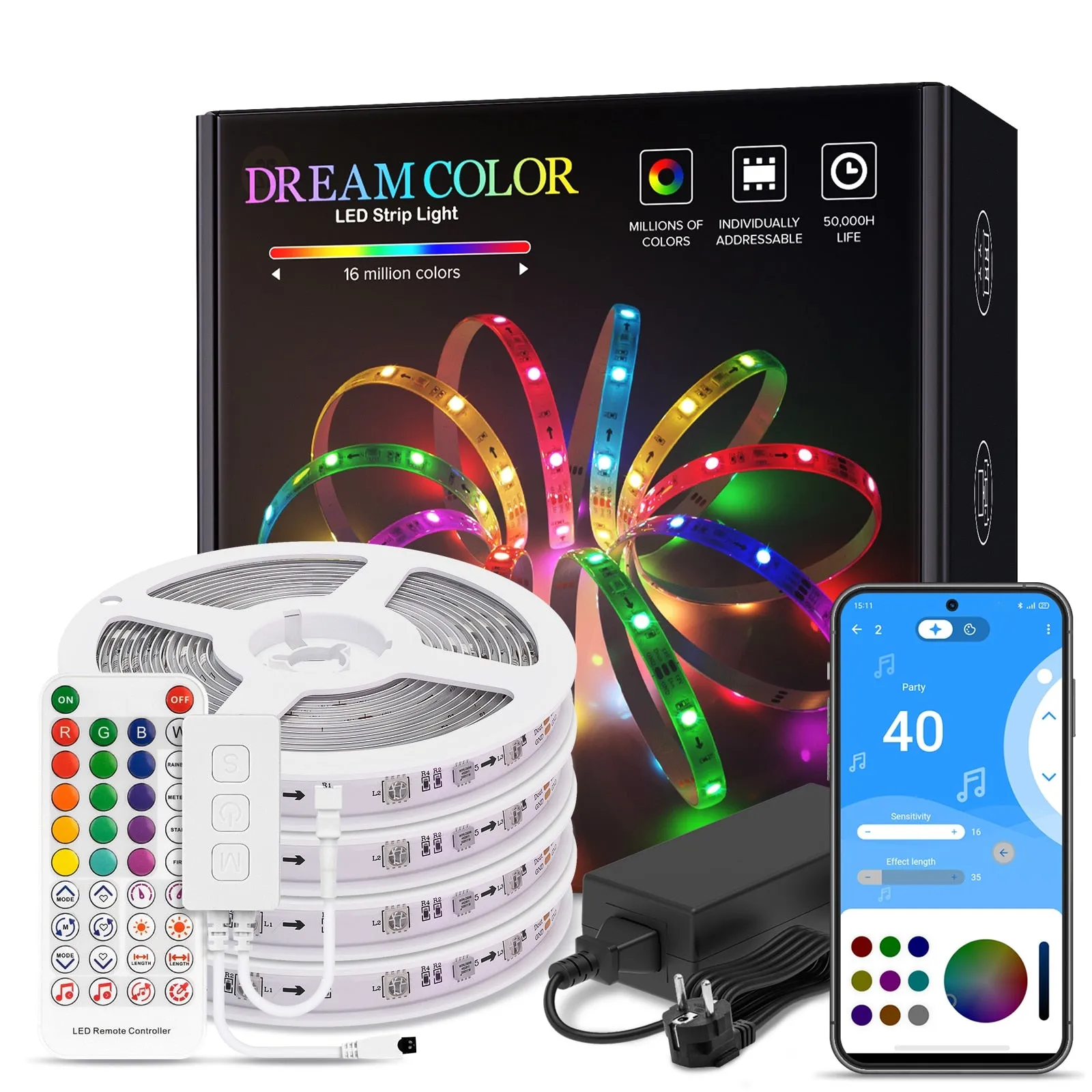 Dreamcolor LED Light Strip Bluetooth Music APP Control WS2811 WS2812B RGBIC Flexible Led Strip Room Bedroom Party Kitchen 5m-20m