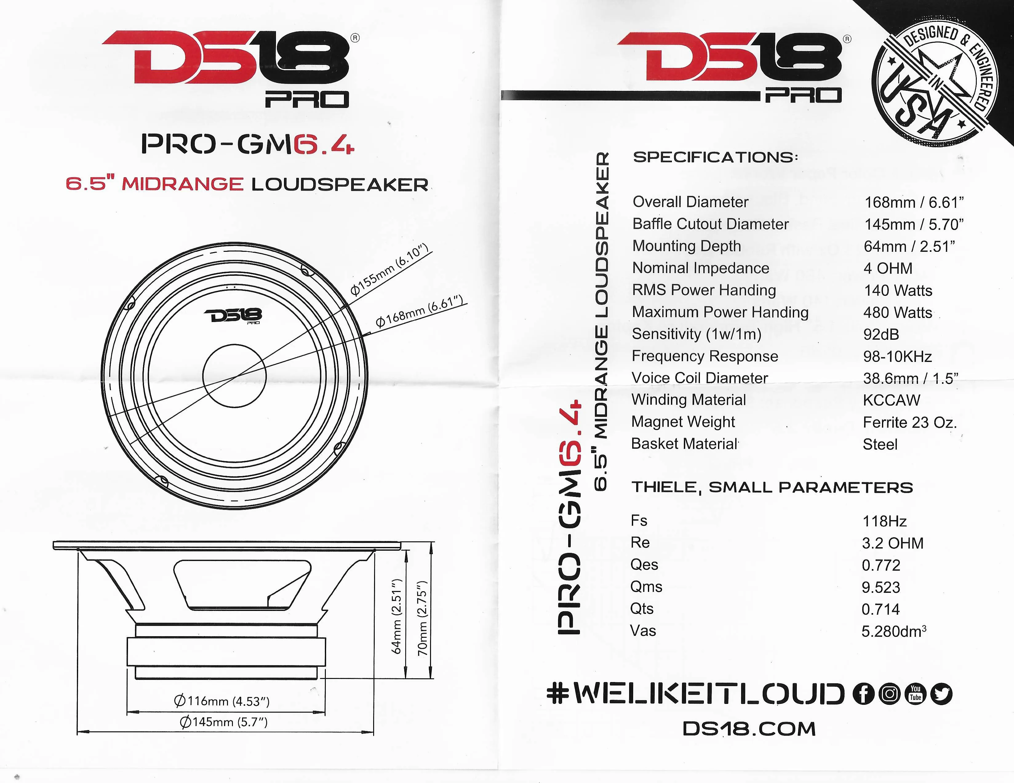 DS18 PRO-GM6.4 6.5" Midrange Loud Speaker 4 Ohm 480 Watts Max Mid Range Single