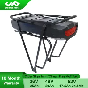 eBike Battery 52V 24.5Ah 17.5Ah 48V 20Ah 36V 25Ah 18650 Lithium Cell Bicycle Battery for Bafang MXUS 1500W 1000W 750W 500W Motor