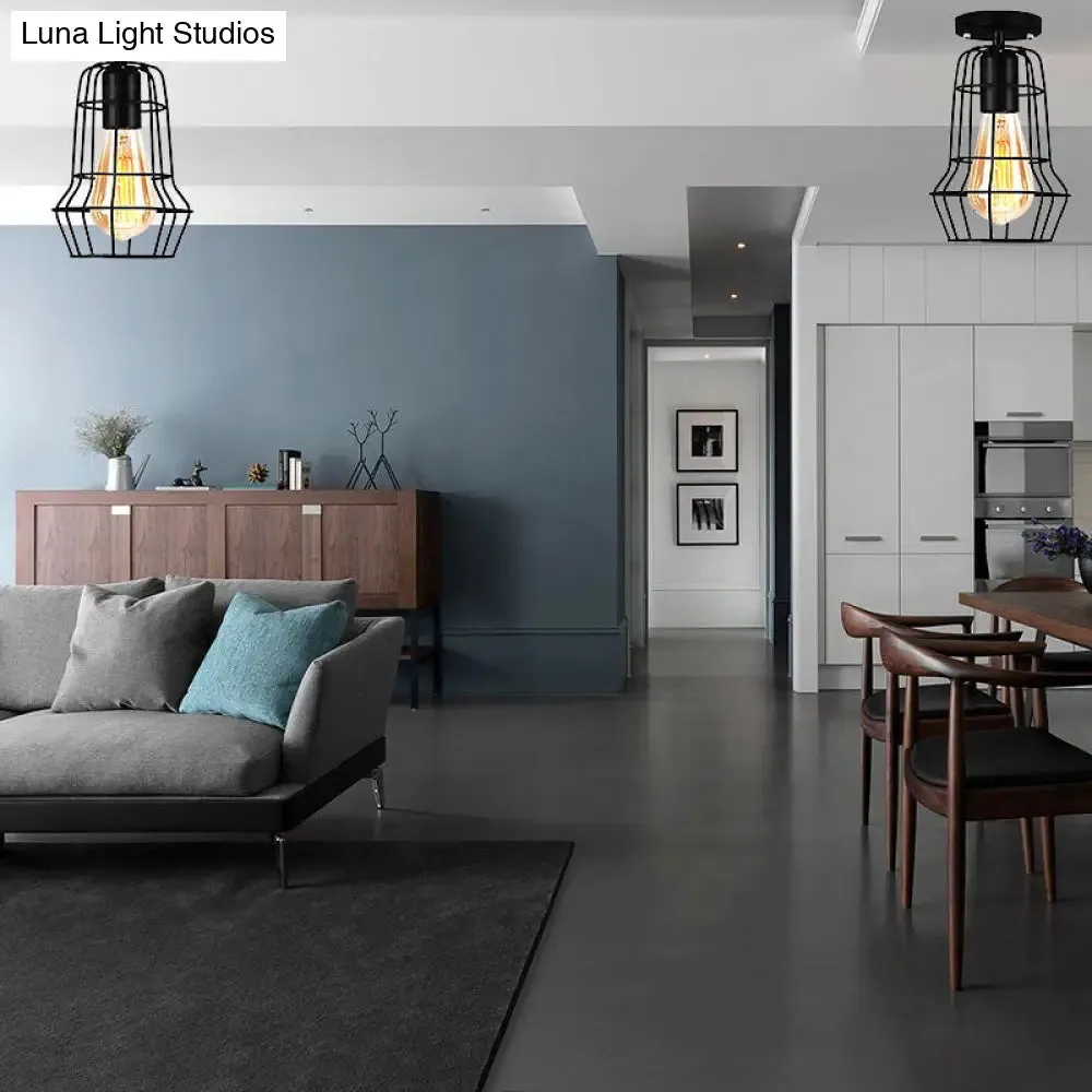 Farmhouse Style Semi Flush Mount Ceiling Light - Global/Barrel Iron with Wire Guard, 1 Light, Black Finish