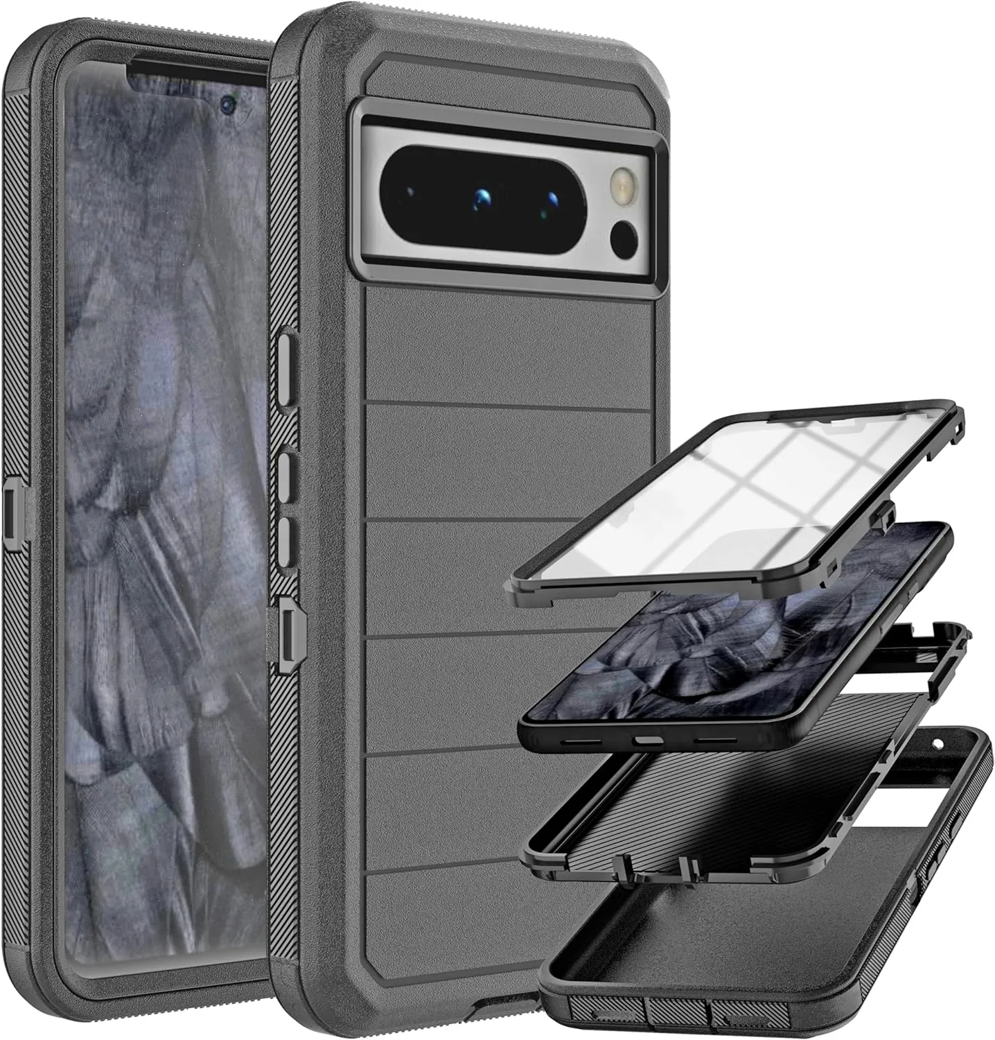 Google Pixel 8 Pro Case Built in Screen Protector/Drop Proof 3-Layer Case -Black