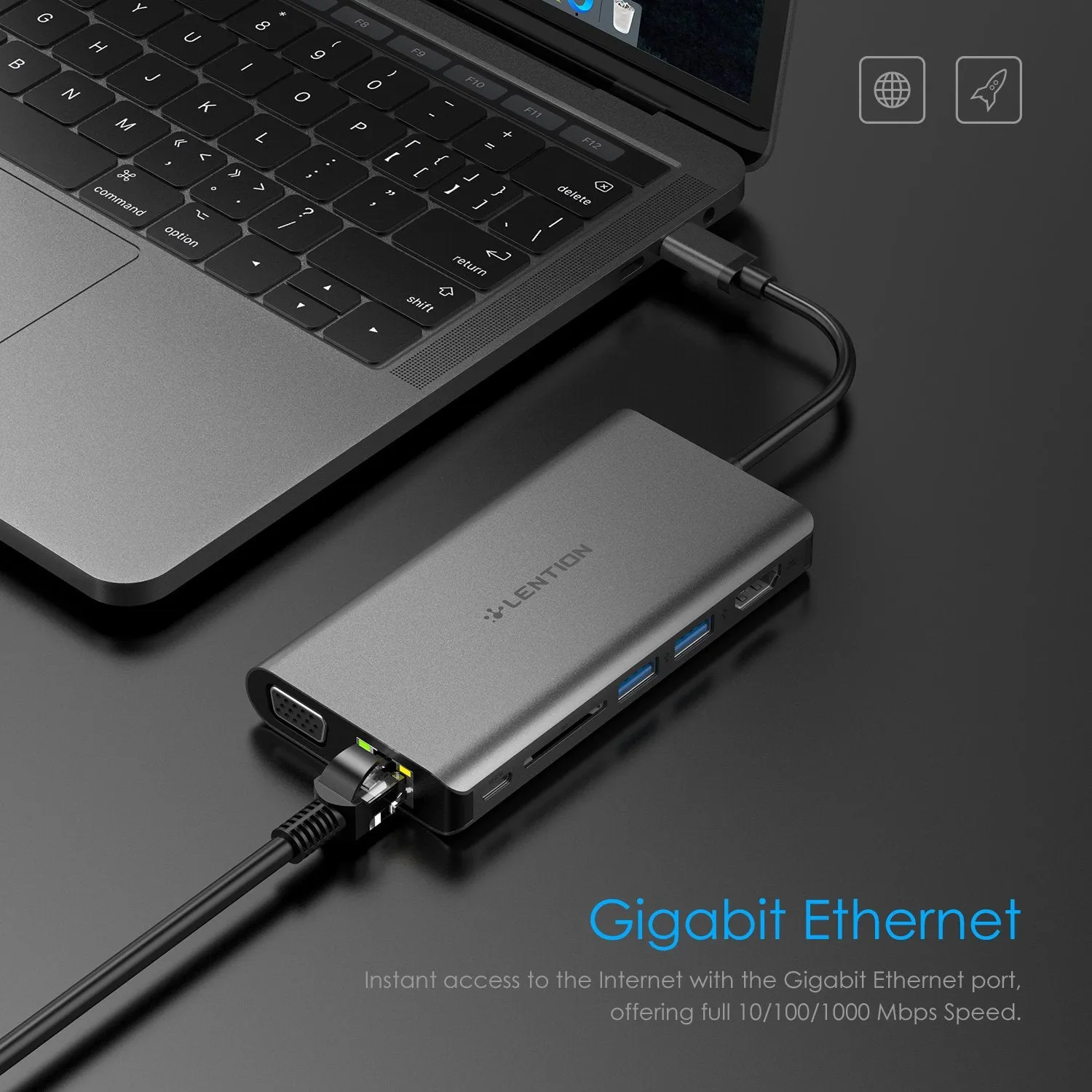 LENTION USB C Gigabit Ethernet Hub with VGA, HDMI, 3.5mm, SD Reader and More (CB-C73)