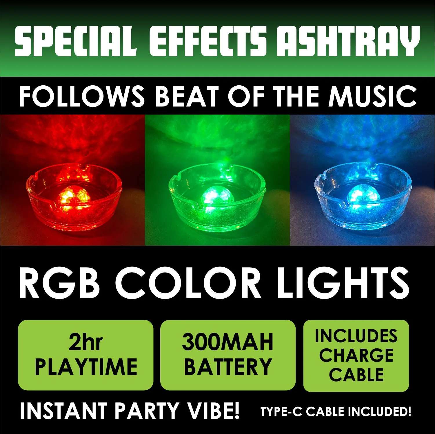 Light-Up Glass Ashtray with Multi-Color LED Lights - 6 Pieces Per Retail Ready Display 23744