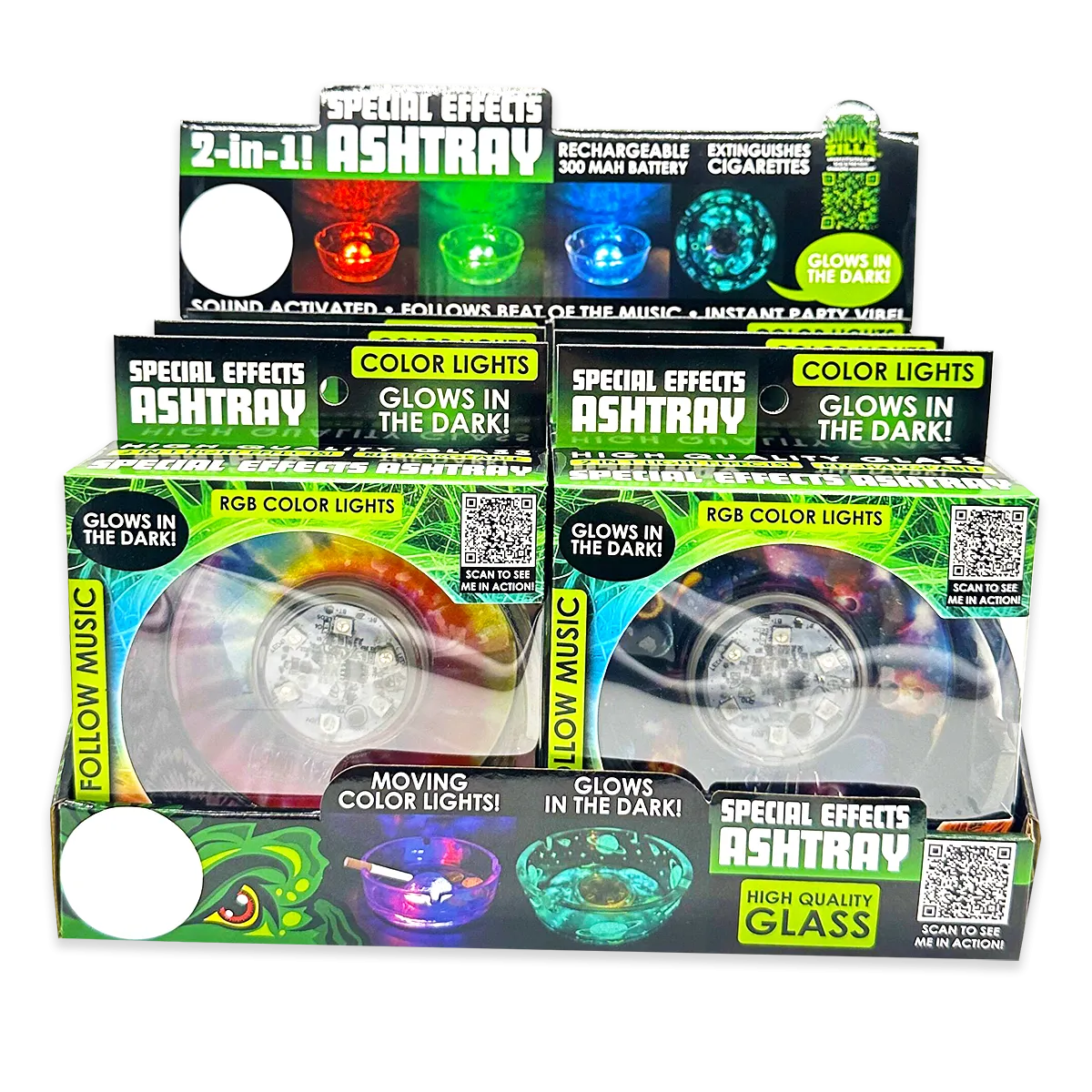 Light-Up Glass Ashtray with Multi-Color LED Lights - 6 Pieces Per Retail Ready Display 23744