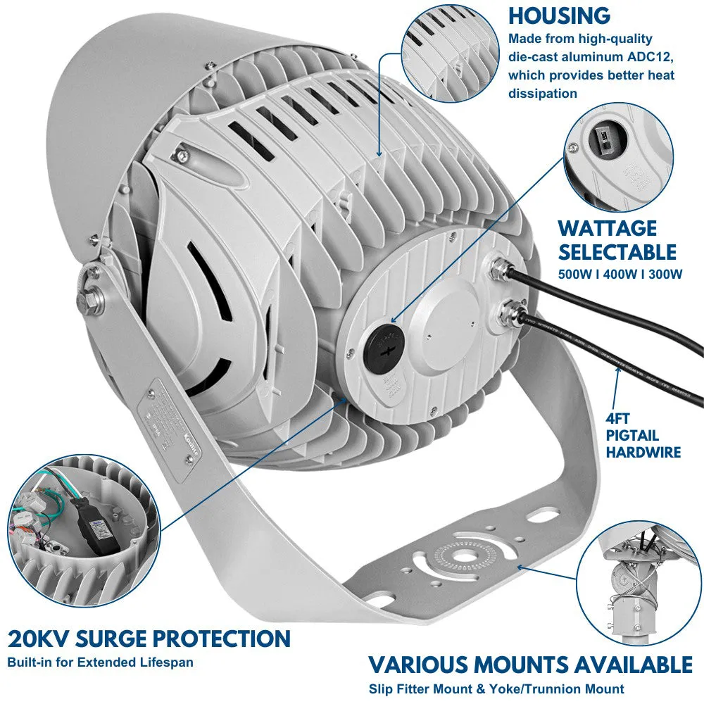 LYRA LED Stadium Light -  500W/400W/300W Selectable - Up to 75,000lm - 5000K - 200-480V  - 4H4V - 1500W Equal - 10 Year Warranty