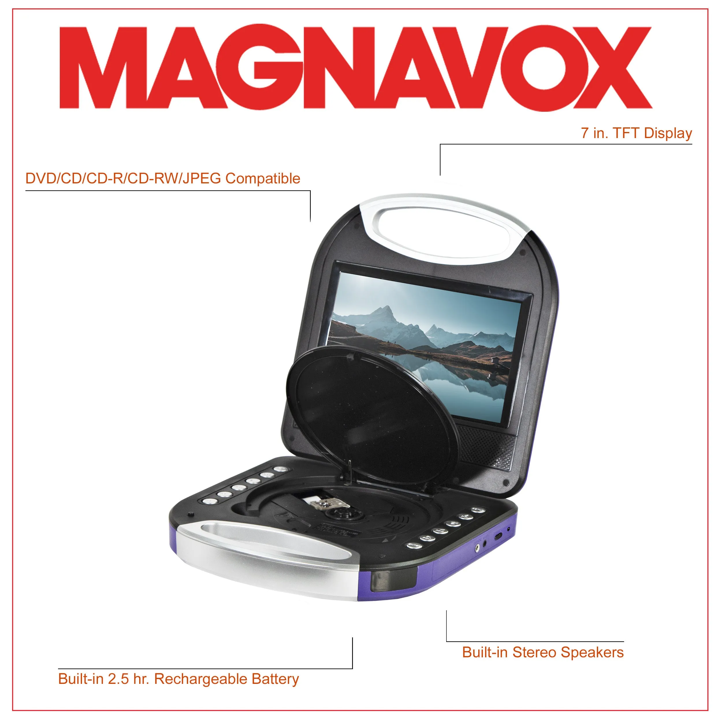 Magnavox MTFT750-PL Portable 7 inch DVD/CD Player with Remote in Purple