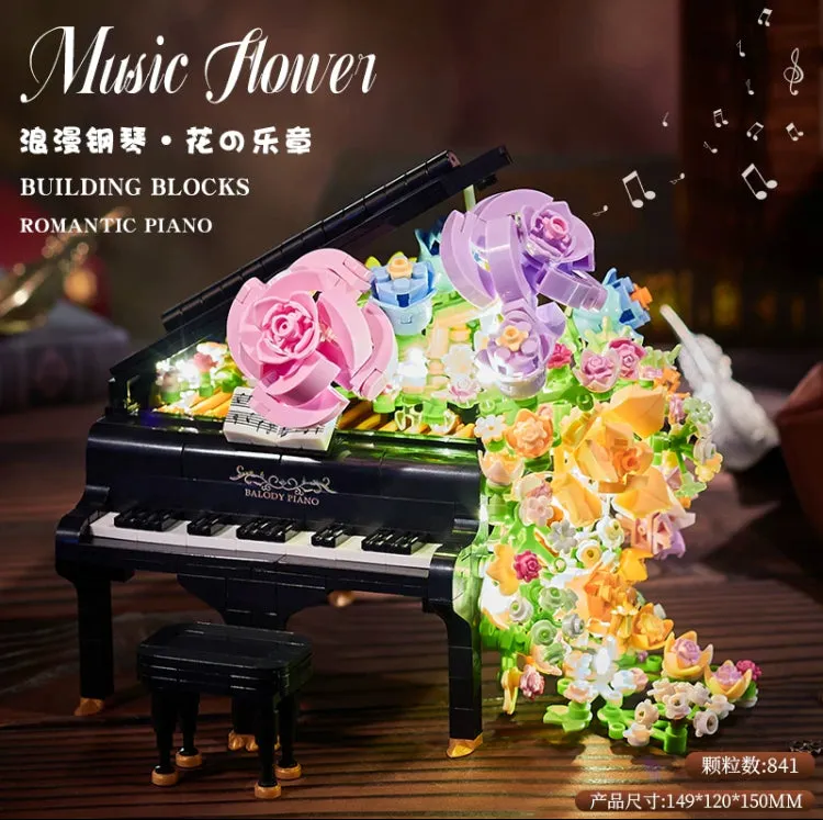 Mini Block Building Music of Flowers | Romantic Violin Piano - with LED Lights DIY Handmade Gift