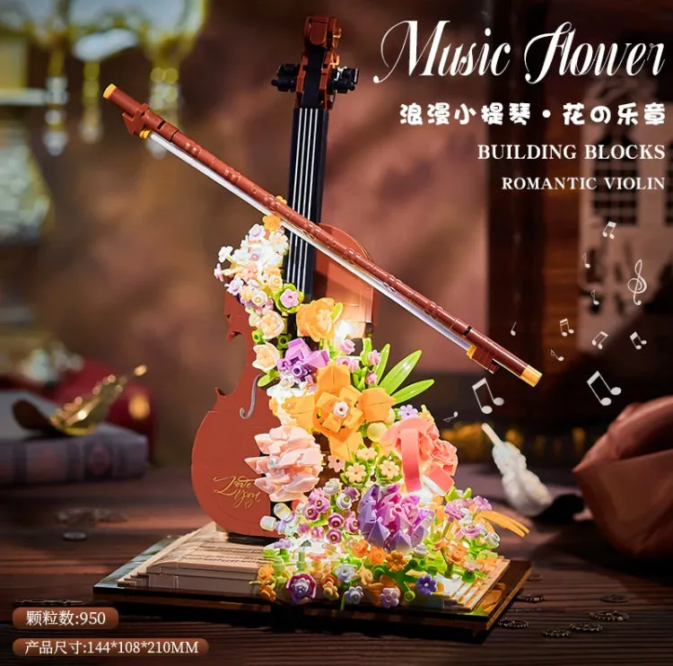 Mini Block Building Music of Flowers | Romantic Violin Piano - with LED Lights DIY Handmade Gift
