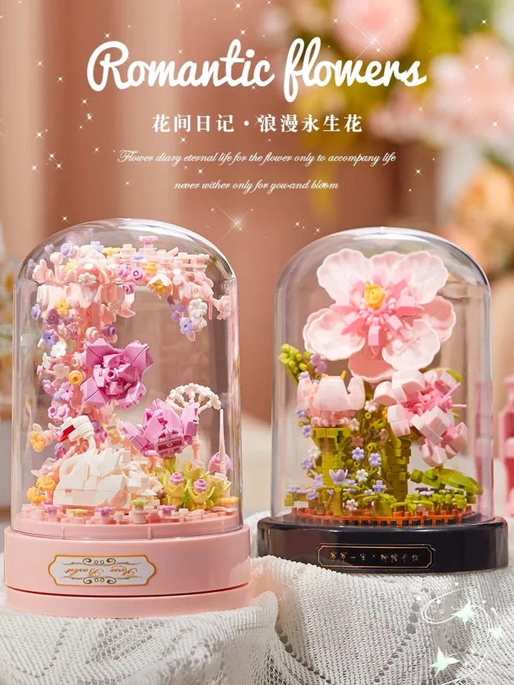 Mini Block Building with Music Box | Swan Garden - with LED Lights Valentine Wedding Gift DIY Handmade Gift