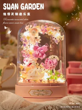 Mini Block Building with Music Box | Swan Garden - with LED Lights Valentine Wedding Gift DIY Handmade Gift