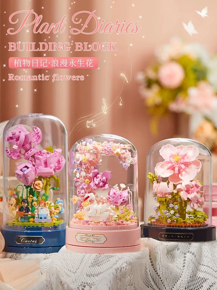 Mini Block Building with Music Box | Swan Garden - with LED Lights Valentine Wedding Gift DIY Handmade Gift