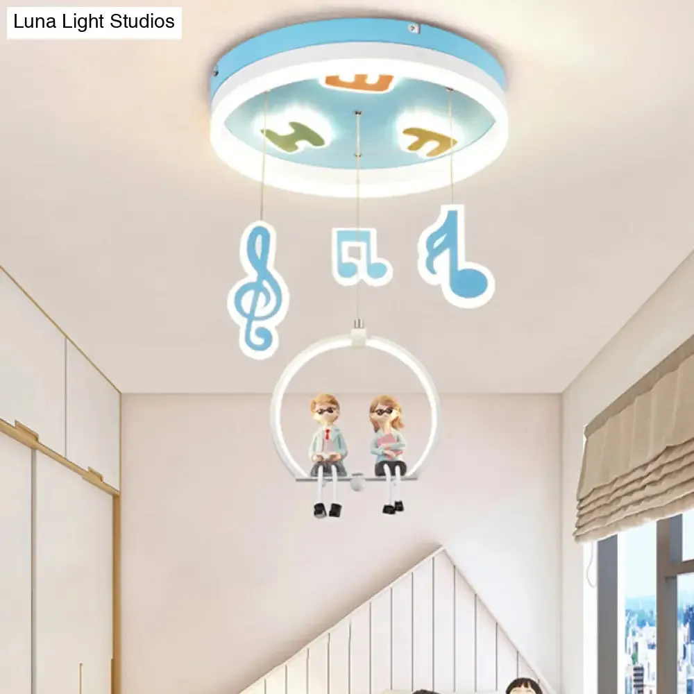 Musical Note LED Ceiling Light with Adorable Boy and Girl Resin Figures - Blue Acrylic Flush Mount