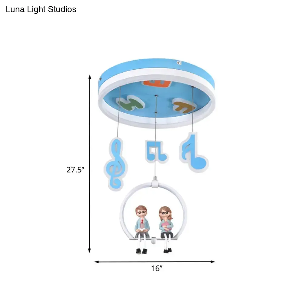 Musical Note LED Ceiling Light with Adorable Boy and Girl Resin Figures - Blue Acrylic Flush Mount