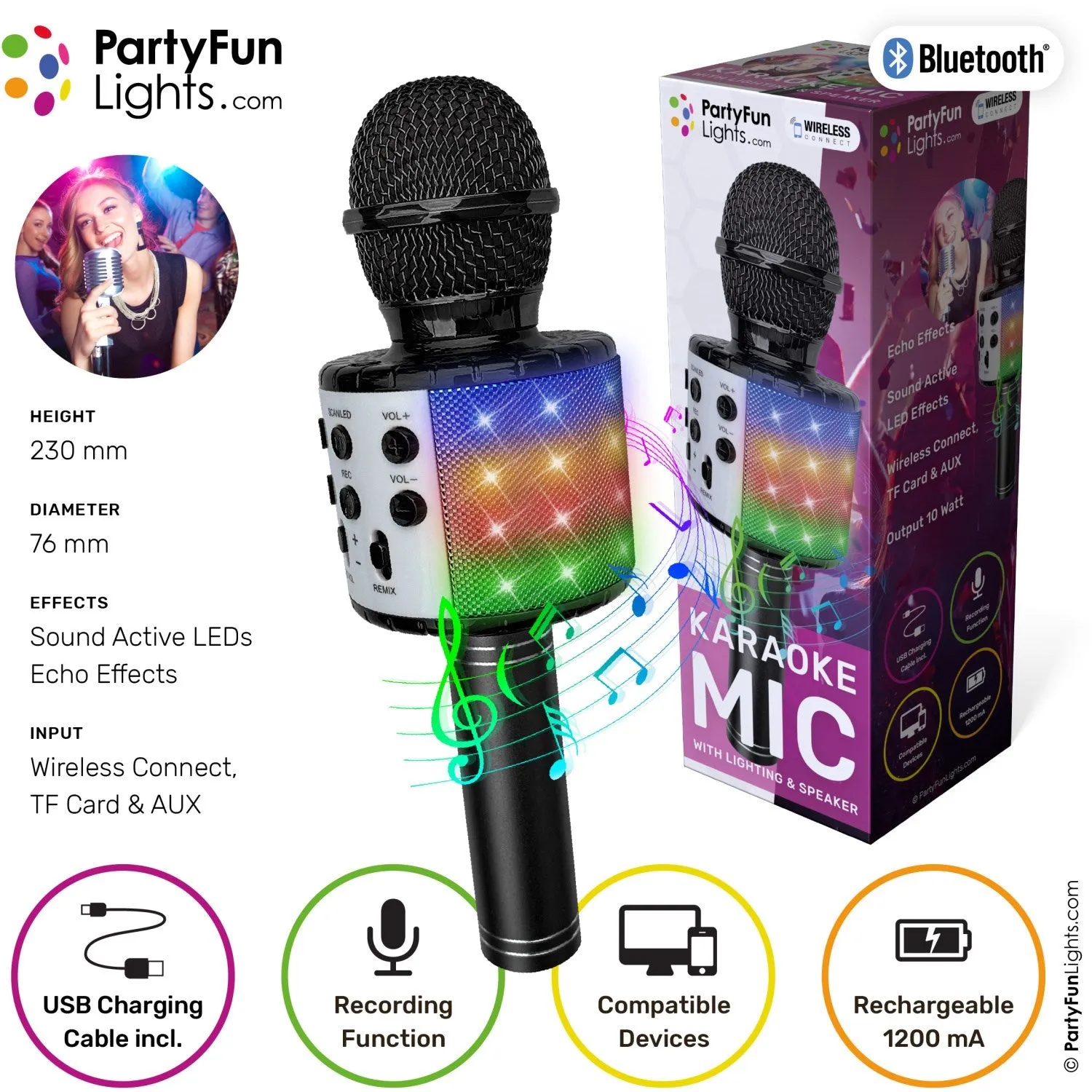 Party Funlight Karaoke Microphone with Speaker - Black
