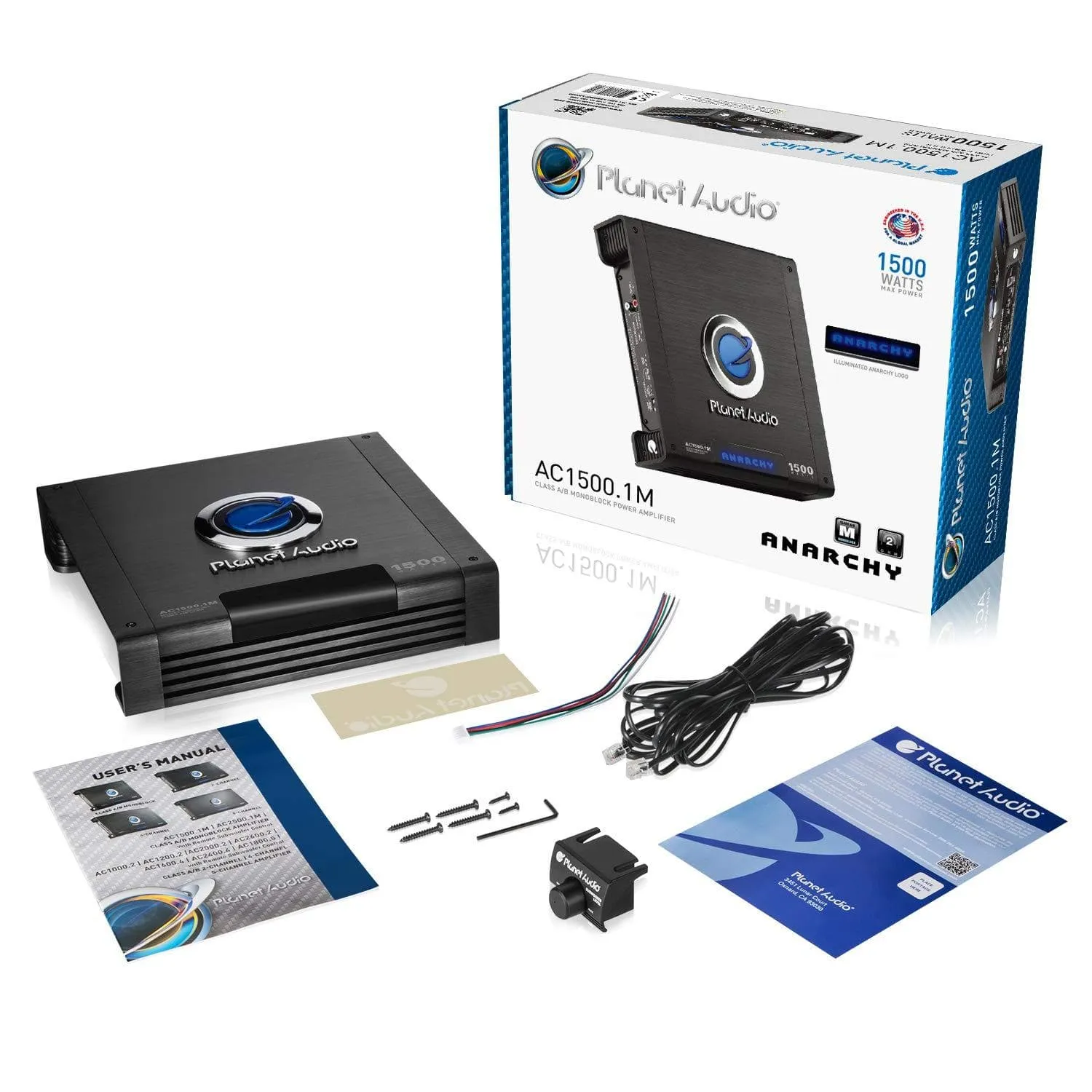 Planet Audio AC1500.1M Monoblock Car Amplifier - 1500 Watts Max Power, 2/4 Ohm Stable, Class A/B, Mosfet Power Supply, Remote Subwoofer Control