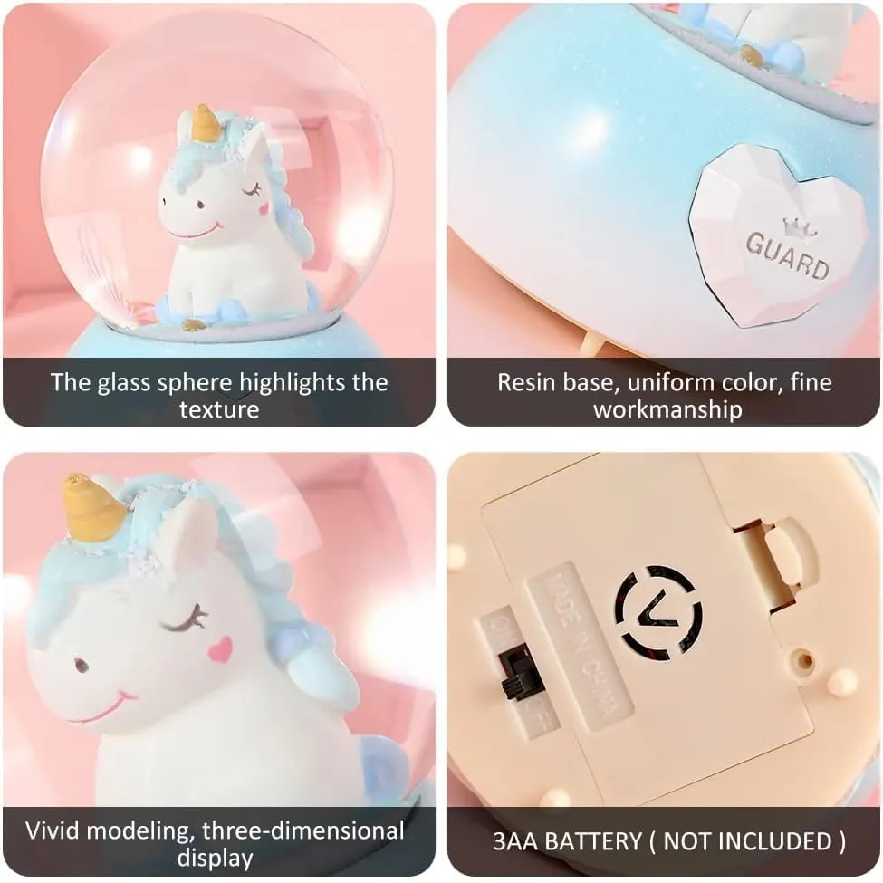 SAMVARDHAN Musical Unicorn Snow Globe for Kids, 100mm Resin Glitter Music Box with Multiple Tunes, Gift for Girls
