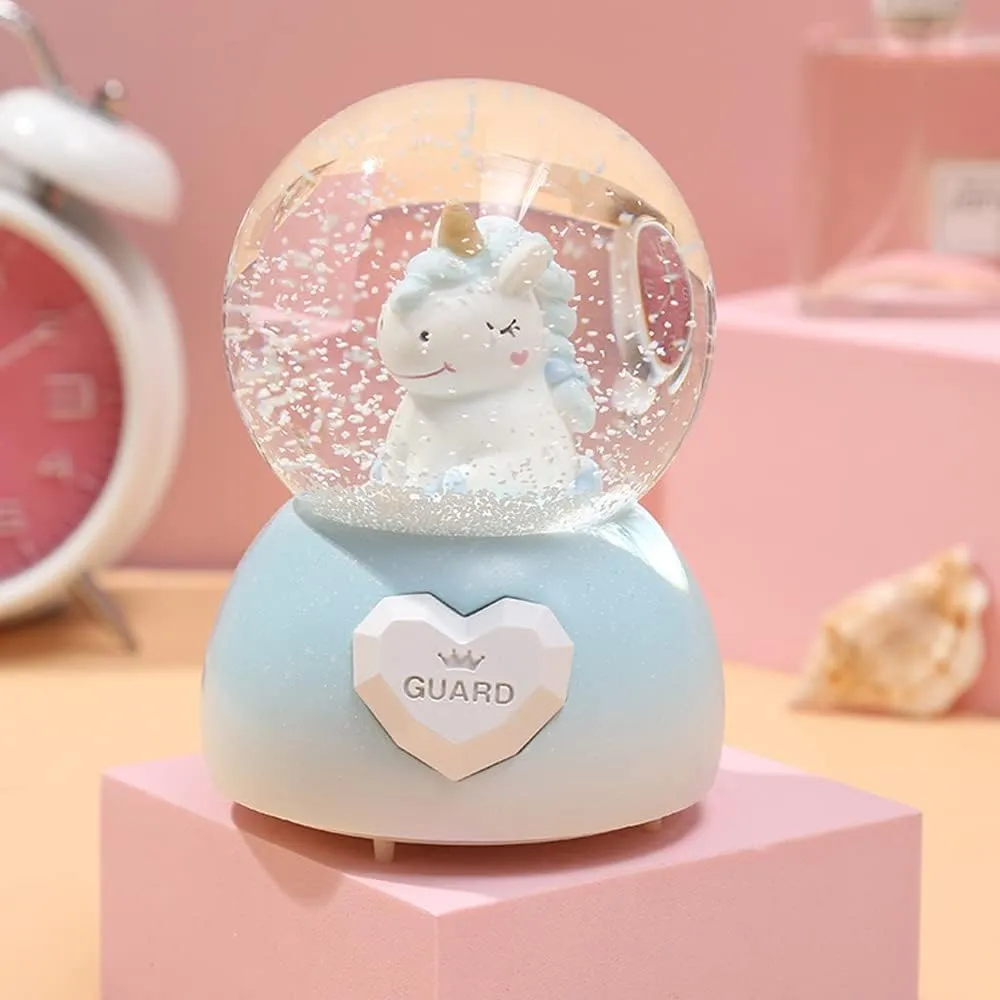 SAMVARDHAN Musical Unicorn Snow Globe for Kids, 100mm Resin Glitter Music Box with Multiple Tunes, Gift for Girls
