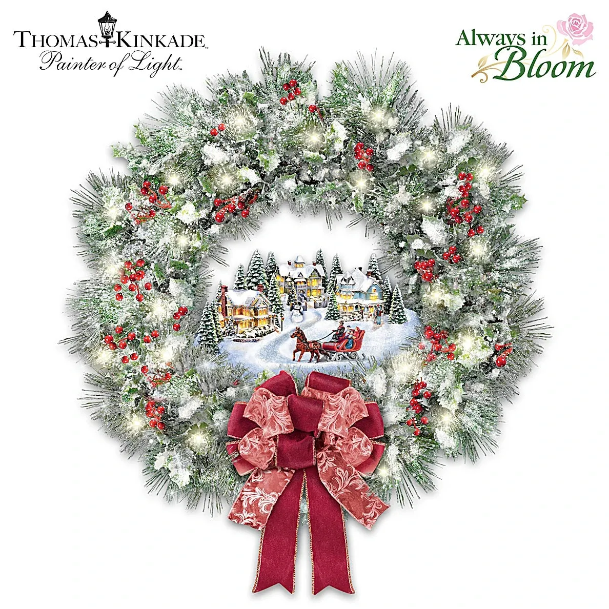 The Bradford Exchange A Holiday Homecoming Lighted Musical Wreath Holiday Village Christmas Decoration by Thomas Kinkade 14-Inches