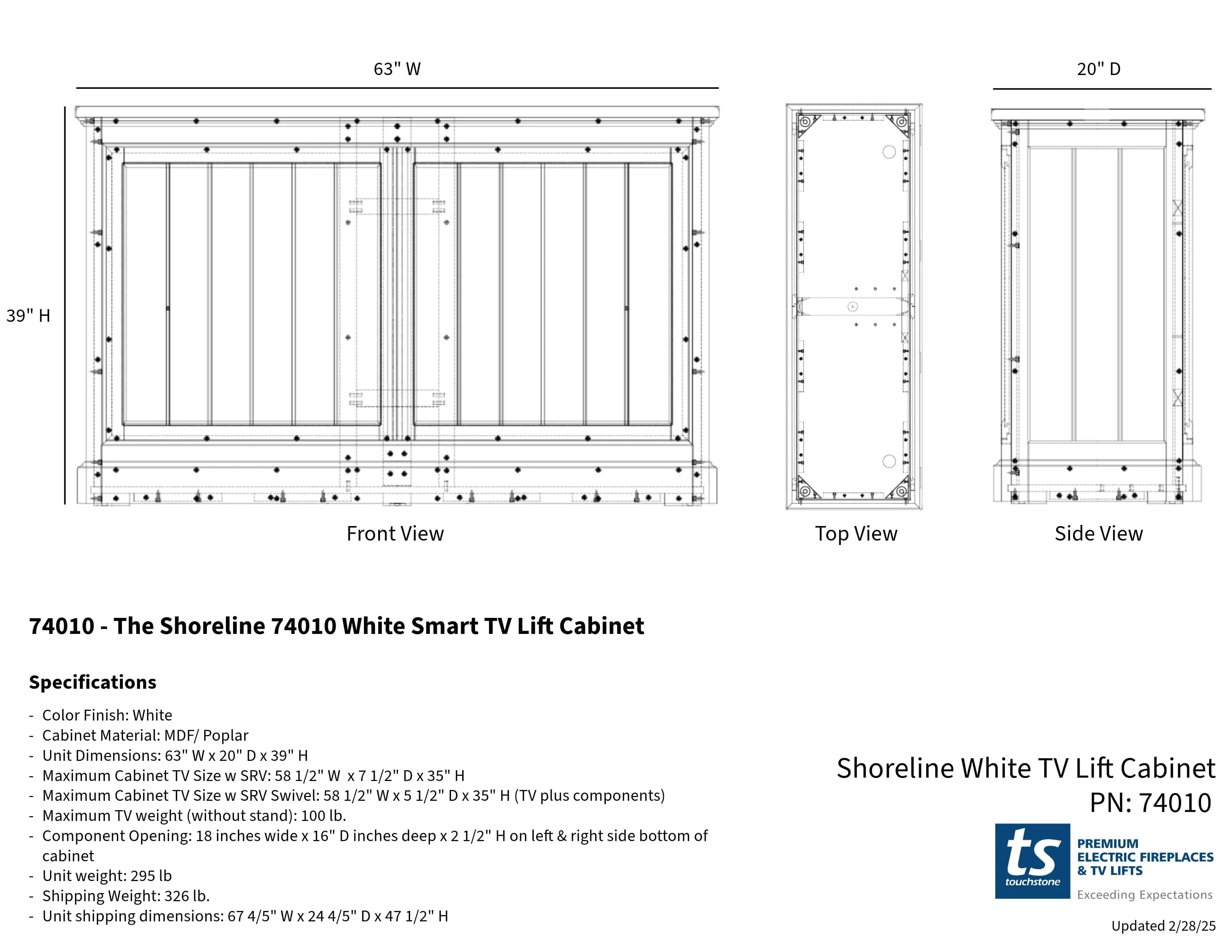 The Shoreline 74010 White Smart TV Lift Cabinet for 65 Inch Flat screen TVs